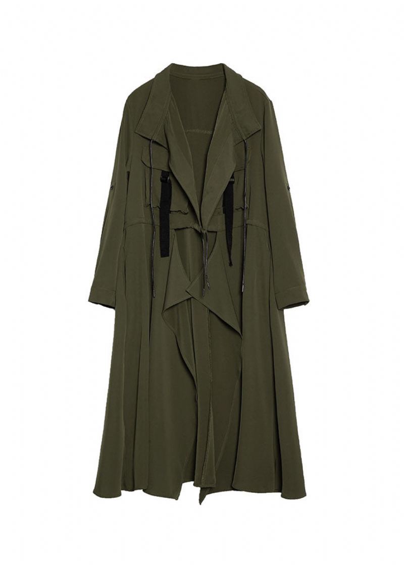 Grande Taille Armée Vert Poches Col Claudine Trench Asymétrique Manteau Printemps - Trenchs femmes