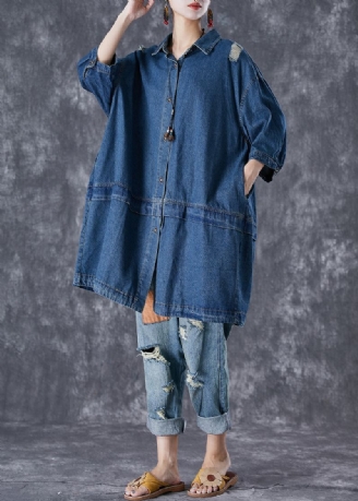 Grande Taille Bleu Surdimensionné Patchwork Denim Déchiré Trench Manteaux Automne