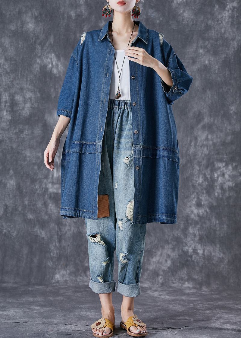 Grande Taille Bleu Surdimensionné Patchwork Denim Déchiré Trench Manteaux Automne - Trenchs femmes