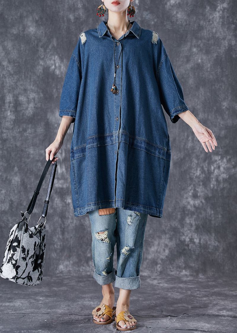 Grande Taille Bleu Surdimensionné Patchwork Denim Déchiré Trench Manteaux Automne - Trenchs femmes