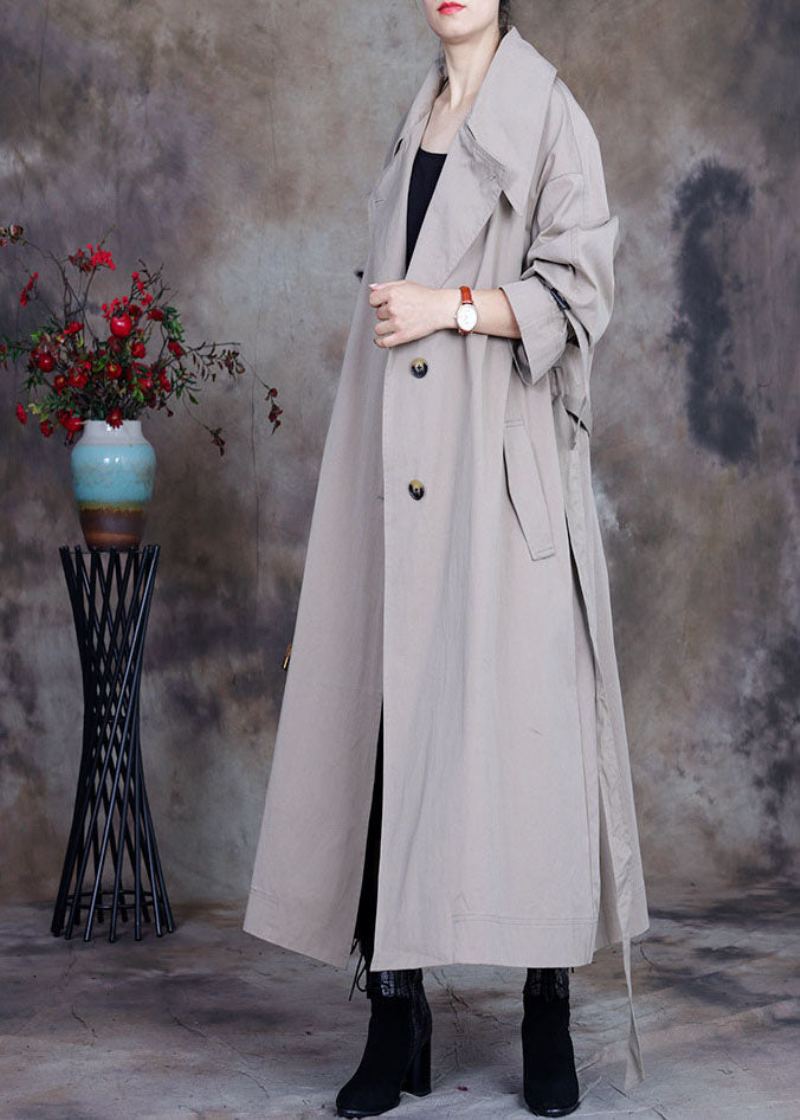 Grande Taille Gris Cravate Bouton De Col Claudine Trench Manteaux Printemps - Trenchs femmes