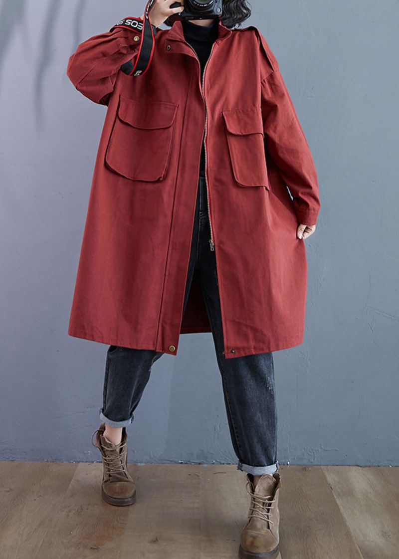 Grande Taille Rouge Brique Poches Zippées Patchwork Coton Trench Manteaux Automne