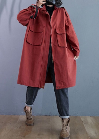 Grande Taille Rouge Brique Poches Zippées Patchwork Coton Trench Manteaux Automne