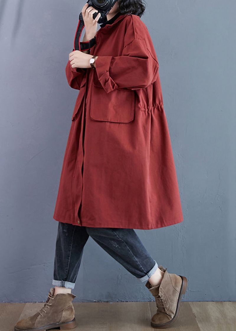 Grande Taille Rouge Brique Poches Zippées Patchwork Coton Trench Manteaux Automne - Trenchs femmes