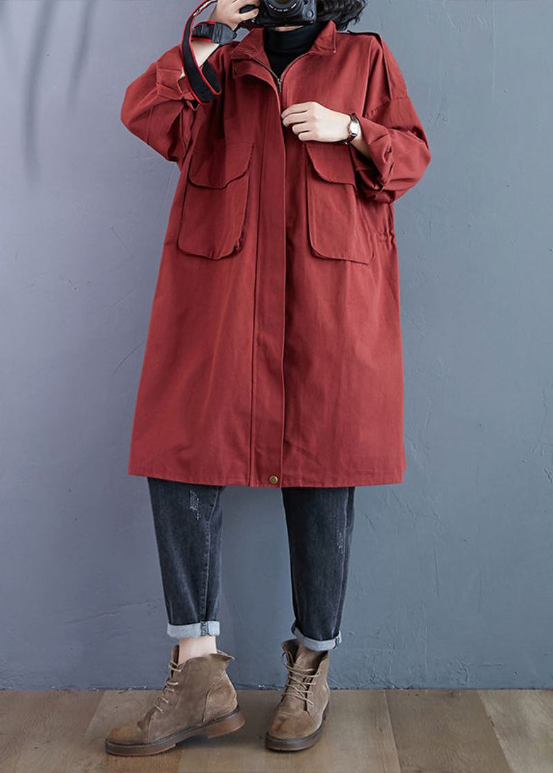 Grande Taille Rouge Brique Poches Zippées Patchwork Coton Trench Manteaux Automne - Trenchs femmes