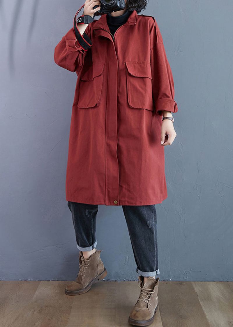 Grande Taille Rouge Brique Poches Zippées Patchwork Coton Trench Manteaux Automne - Trenchs femmes