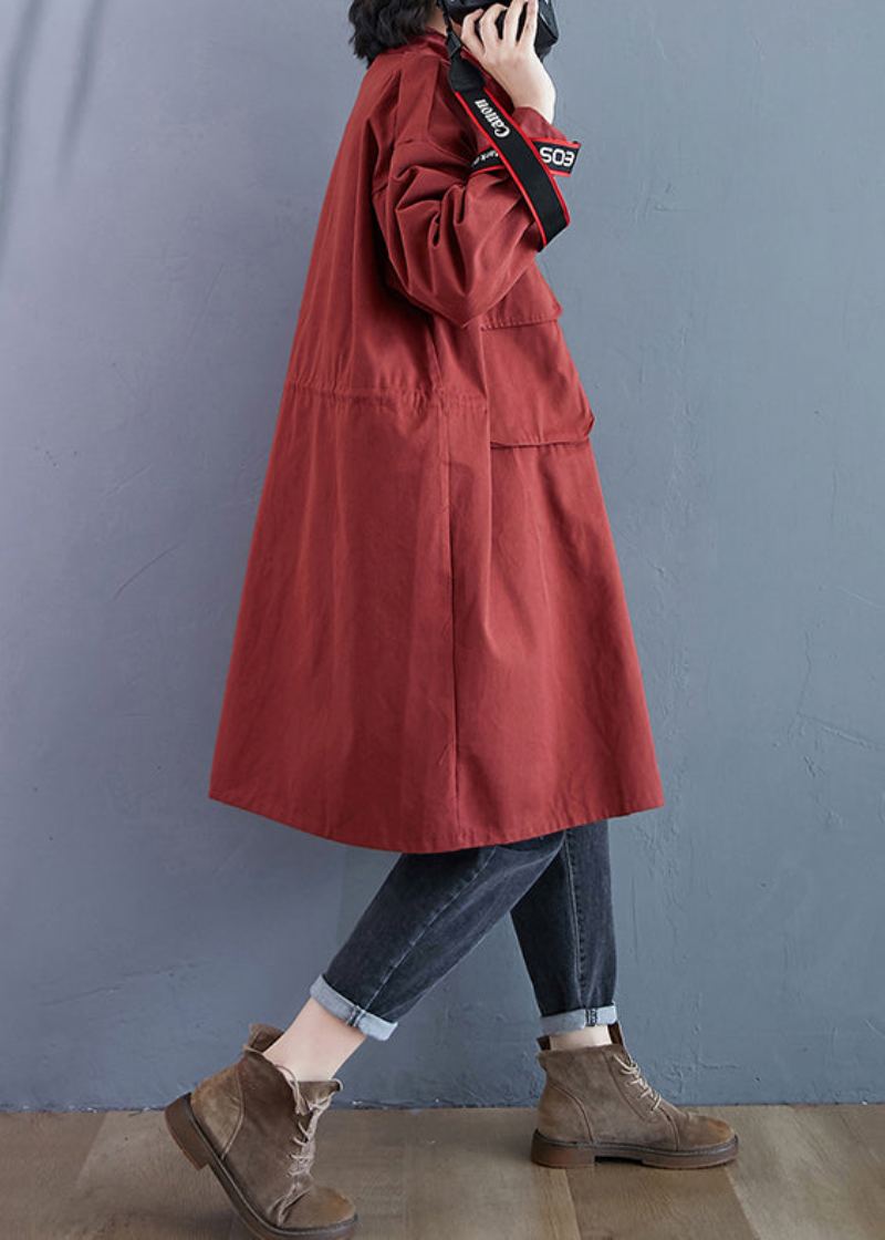 Grande Taille Rouge Brique Poches Zippées Patchwork Coton Trench Manteaux Automne - Trenchs femmes