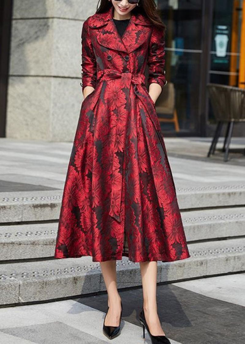 Jacquard Rouge Col Claudine Cravate Taille Patchwork Coton Long Trench Coat Automne