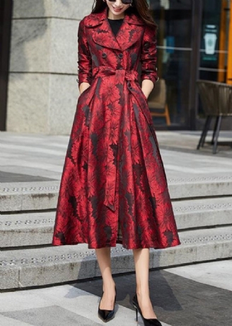 Jacquard Rouge Col Claudine Cravate Taille Patchwork Coton Long Trench Coat Automne