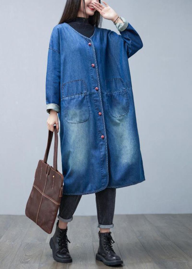 Lâche Denim Bleu Col En V Patchwork Poches Coton Trench Manteaux Printemps