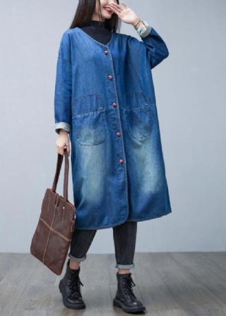 Lâche Denim Bleu Col En V Patchwork Poches Coton Trench Manteaux Printemps