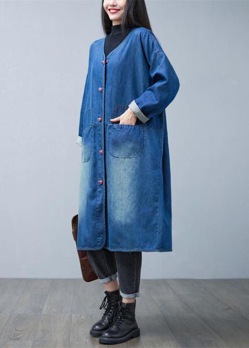 Lâche Denim Bleu Col En V Patchwork Poches Coton Trench Manteaux Printemps - Trenchs femmes