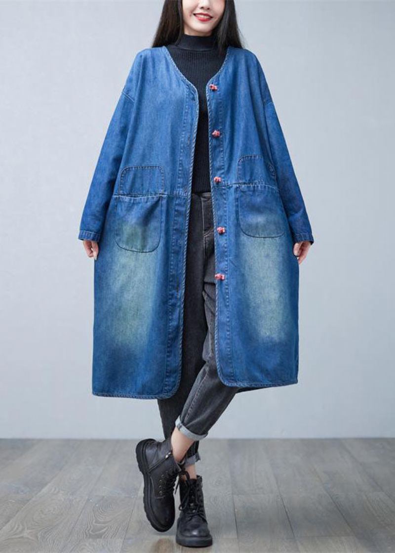 Lâche Denim Bleu Col En V Patchwork Poches Coton Trench Manteaux Printemps - Trenchs femmes