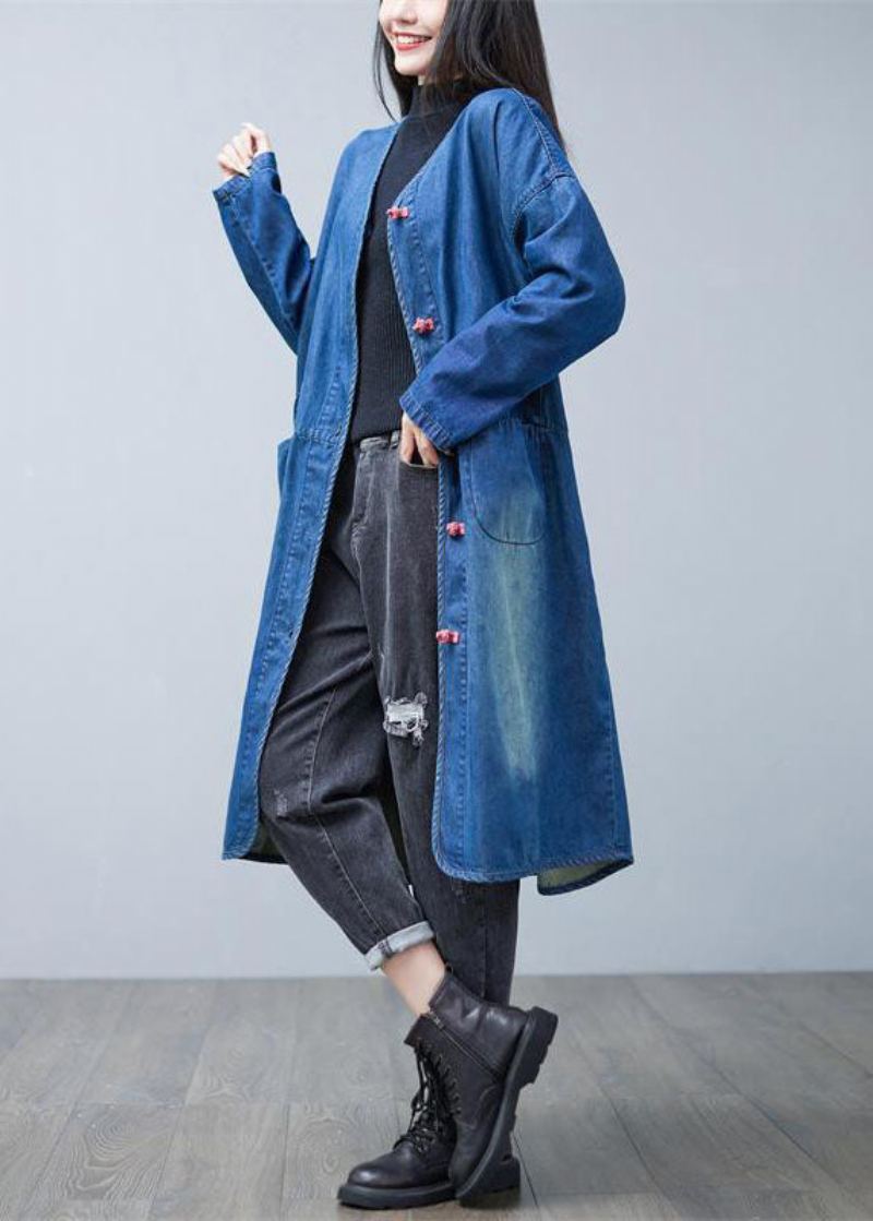 Lâche Denim Bleu Col En V Patchwork Poches Coton Trench Manteaux Printemps - Trenchs femmes