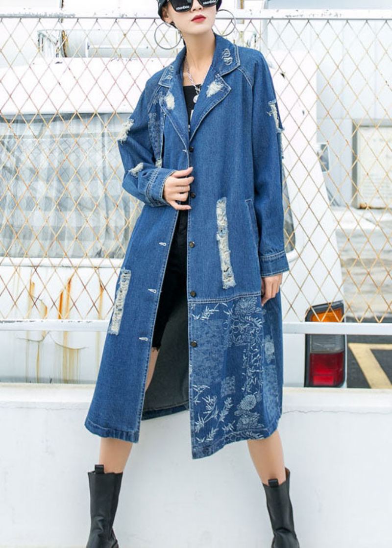 Magnifique Trench-coat Bleu À Manches Longues Avec Col Peterpan Poches Boutonnées Trou Imprimé Automne - Trenchs femmes