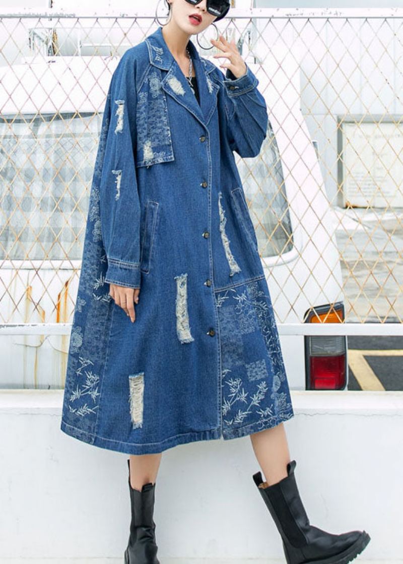 Magnifique Trench-coat Bleu À Manches Longues Avec Col Peterpan Poches Boutonnées Trou Imprimé Automne - Trenchs femmes