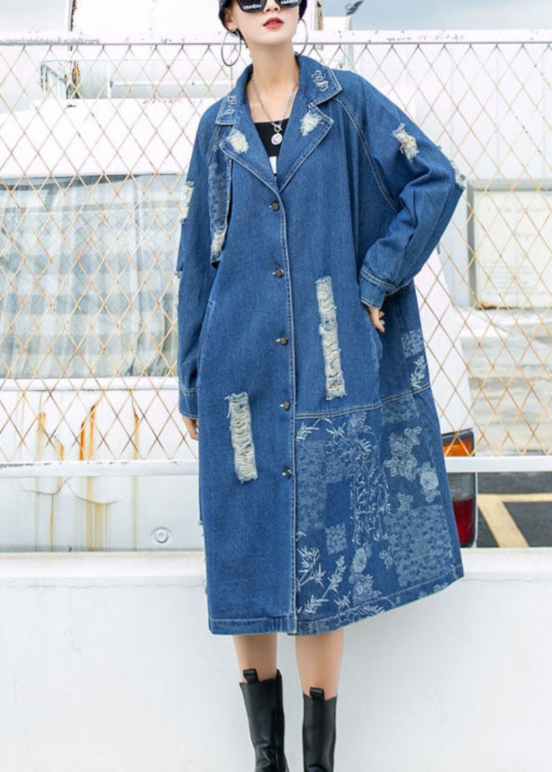 Magnifique Trench-coat Bleu À Manches Longues Avec Col Peterpan Poches Boutonnées Trou Imprimé Automne - Trenchs femmes