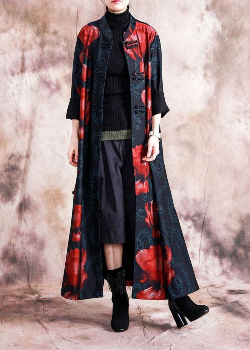 Manteau D'automne Élégant Noir Patchwork Imprimé Rouge Surdimensionné Long Bouton Chinois