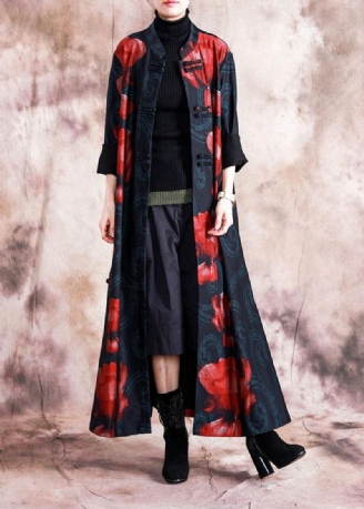 Manteau D'automne Élégant Noir Patchwork Imprimé Rouge Surdimensionné Long Bouton Chinois