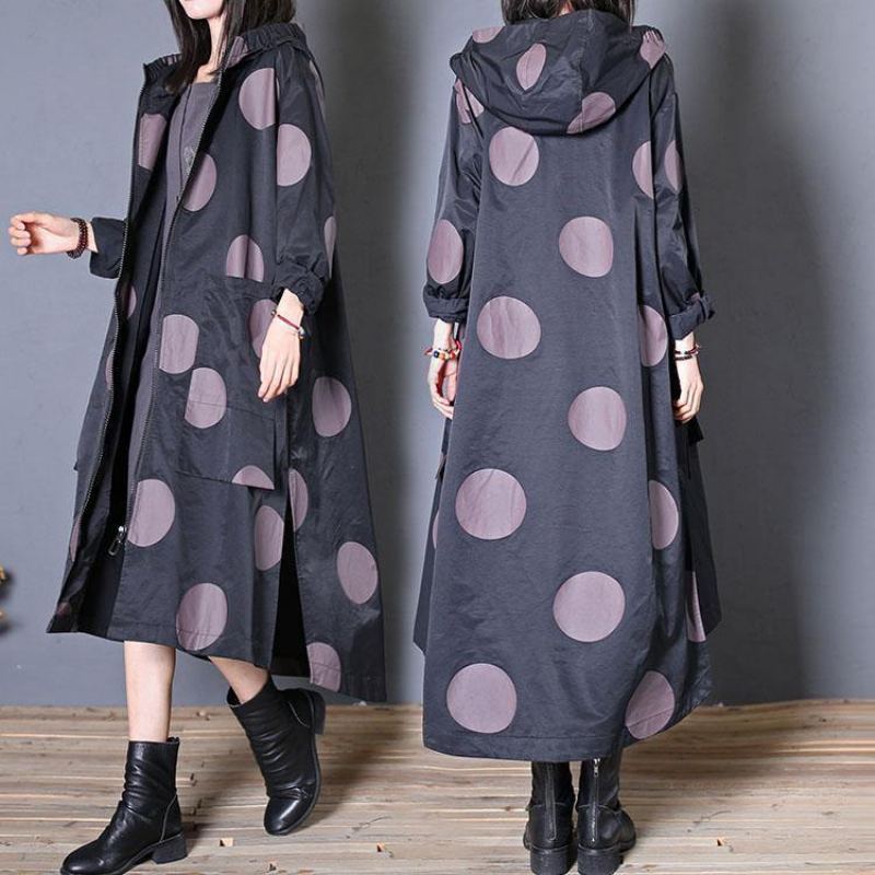 Manteau D'automne Grande Taille Noir À Pois Poches À Capuche Femme - Trenchs femmes