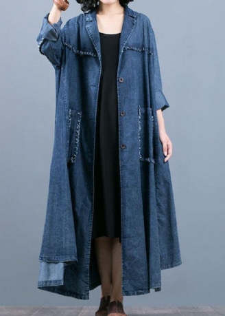 Manteau Bleu Denim De Luxe D'automne Surdimensionné Cranté Grandes Poches Manteaux