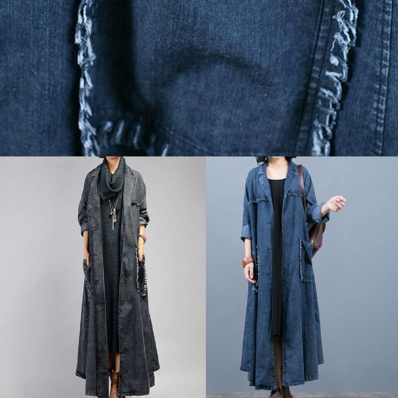 Manteau Bleu Denim De Luxe D'automne Surdimensionné Cranté Grandes Poches Manteaux - Bleu Jean