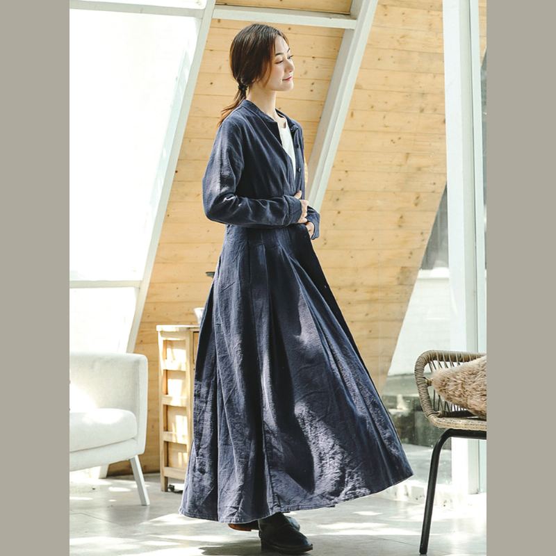 Manteau Bleu Vintage Oversize Col Montant Long Manches Longues Grand Ourlet - Trenchs femmes