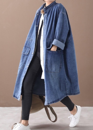 Manteau Box Grande Taille Bleu Denim Français À Col Montant Avec Cordon De Serrage