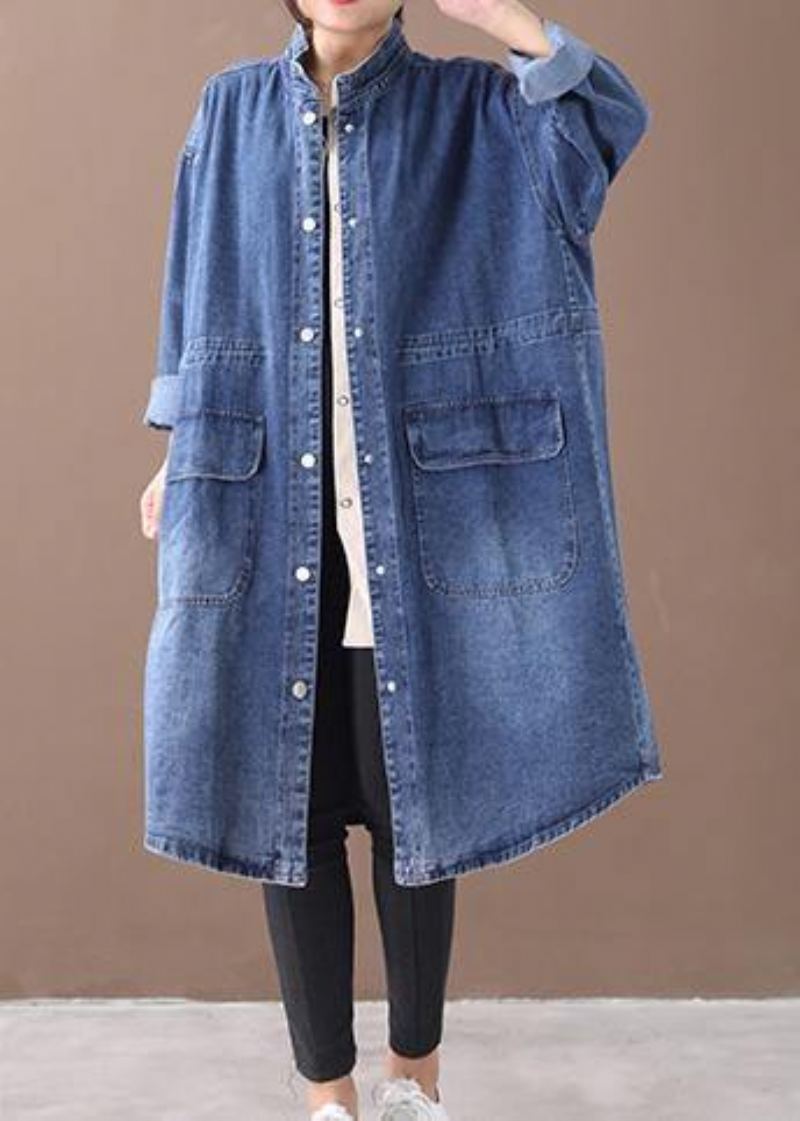 Manteau Box Grande Taille Bleu Denim Français À Col Montant Avec Cordon De Serrage - Bleu