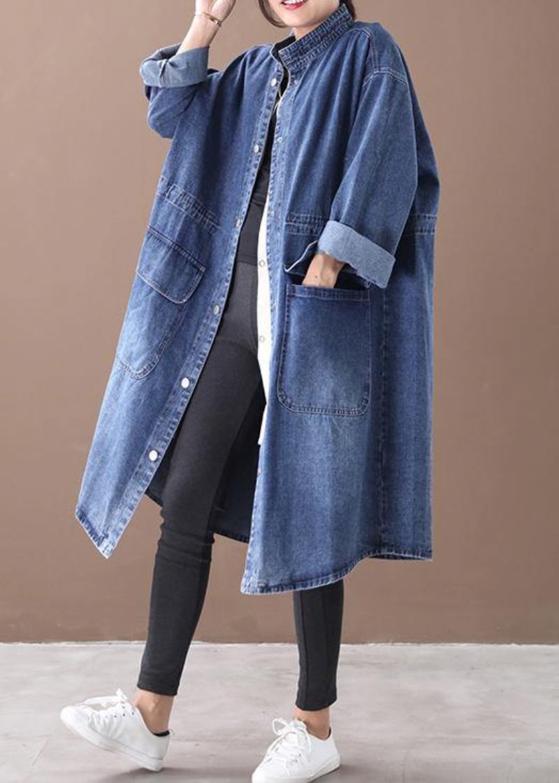 Manteau Box Grande Taille Bleu Denim Français À Col Montant Avec Cordon De Serrage - Bleu