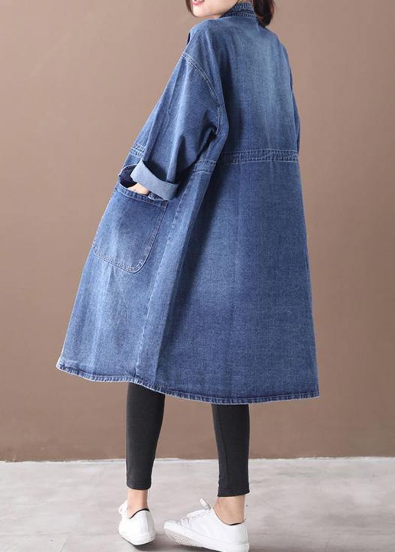 Manteau Box Grande Taille Bleu Denim Français À Col Montant Avec Cordon De Serrage - Bleu