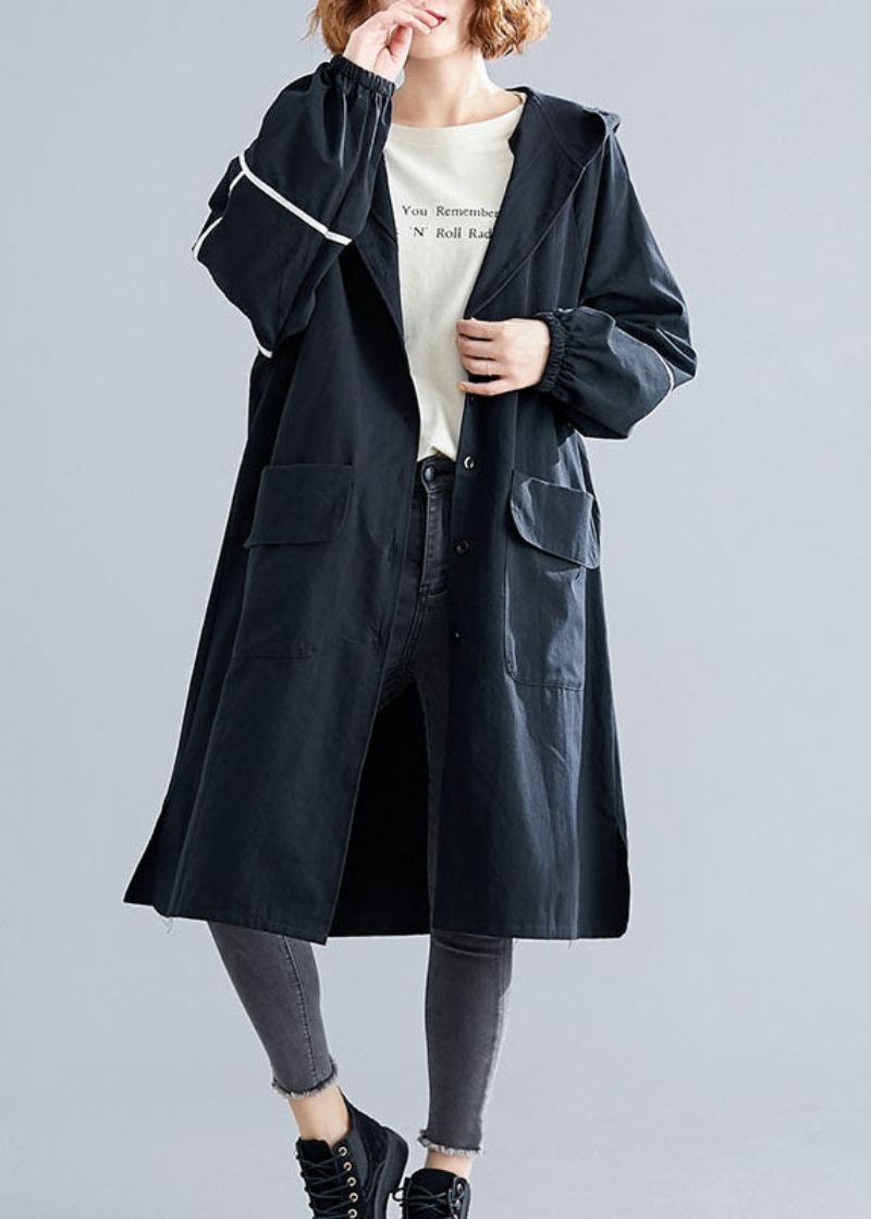 Manteau À Capuche À Manches Longues Et Poches Boutonnées Noires Chics - Trenchs femmes