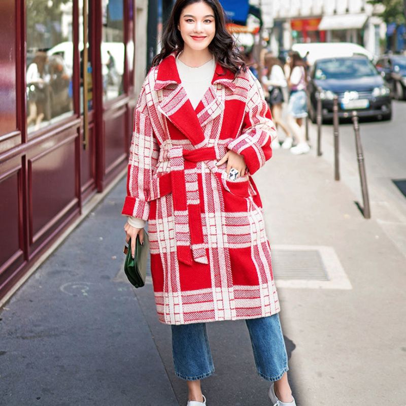 Manteau À Carreaux Rouge Et Blanc Décontracté Cravate Crantée À La Taille Poches À La Mode Vestes En Laine