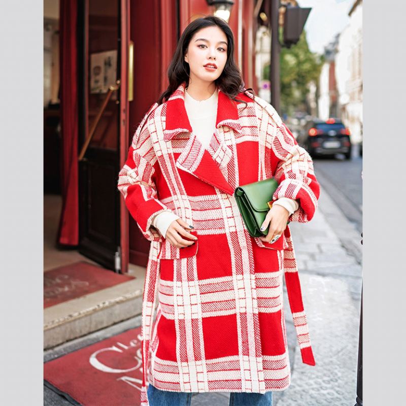 Manteau À Carreaux Rouge Et Blanc Décontracté Cravate Crantée À La Taille Poches À La Mode Vestes En Laine - Trenchs femmes