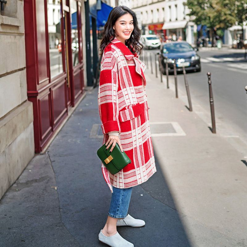 Manteau À Carreaux Rouge Et Blanc Décontracté Cravate Crantée À La Taille Poches À La Mode Vestes En Laine - Trenchs femmes