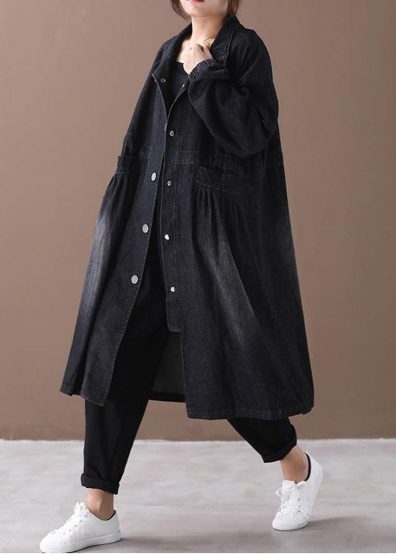 Manteau Cintré À Col Montant Pour Femme Vêtement D'extérieur Ample En Denim Noir