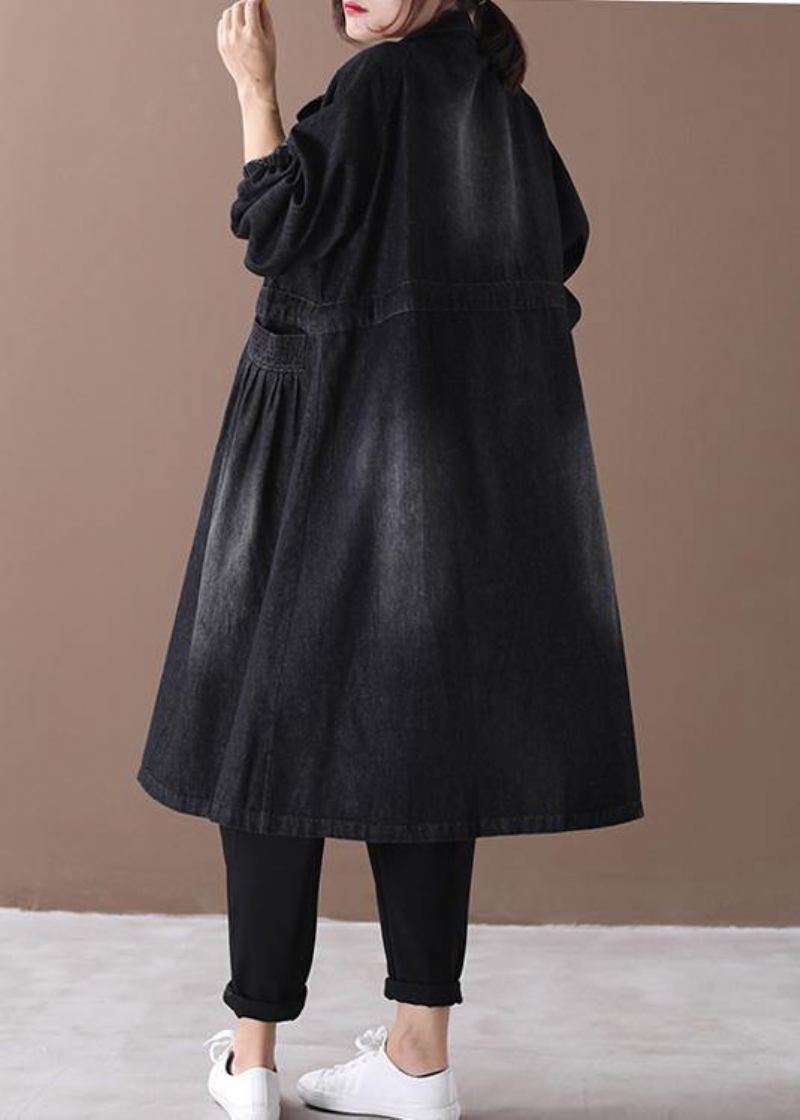 Manteau Cintré À Col Montant Pour Femme Vêtement D'extérieur Ample En Denim Noir - Bleu