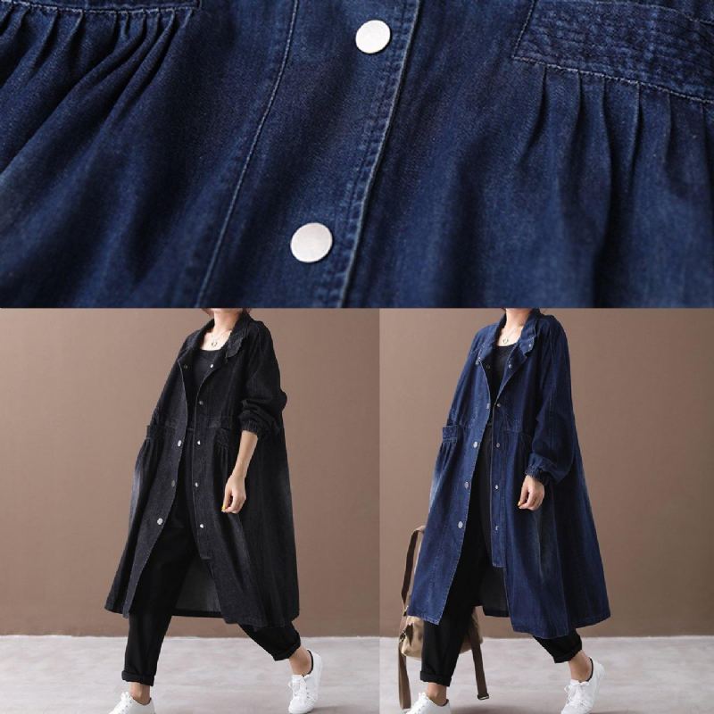 Manteau Cintré À Col Montant Pour Femme Vêtement D'extérieur Ample En Denim Noir - Bleu