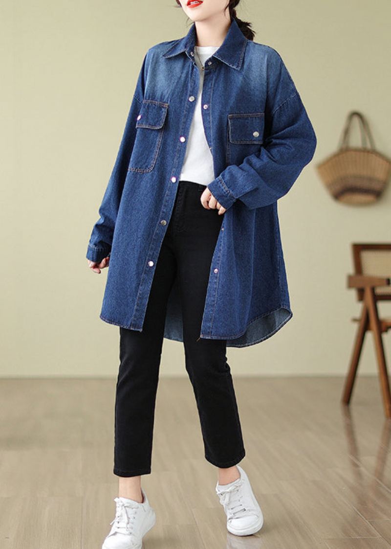 Manteau En Coton Avec Poches Surdimensionnées Bleu Denim Moderne Printemps - Trenchs femmes