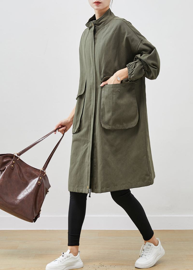 Manteau En Coton Avec Poches Surdimensionnées Vert Armée Chic Vêtements D'extérieur Printemps - Trenchs femmes