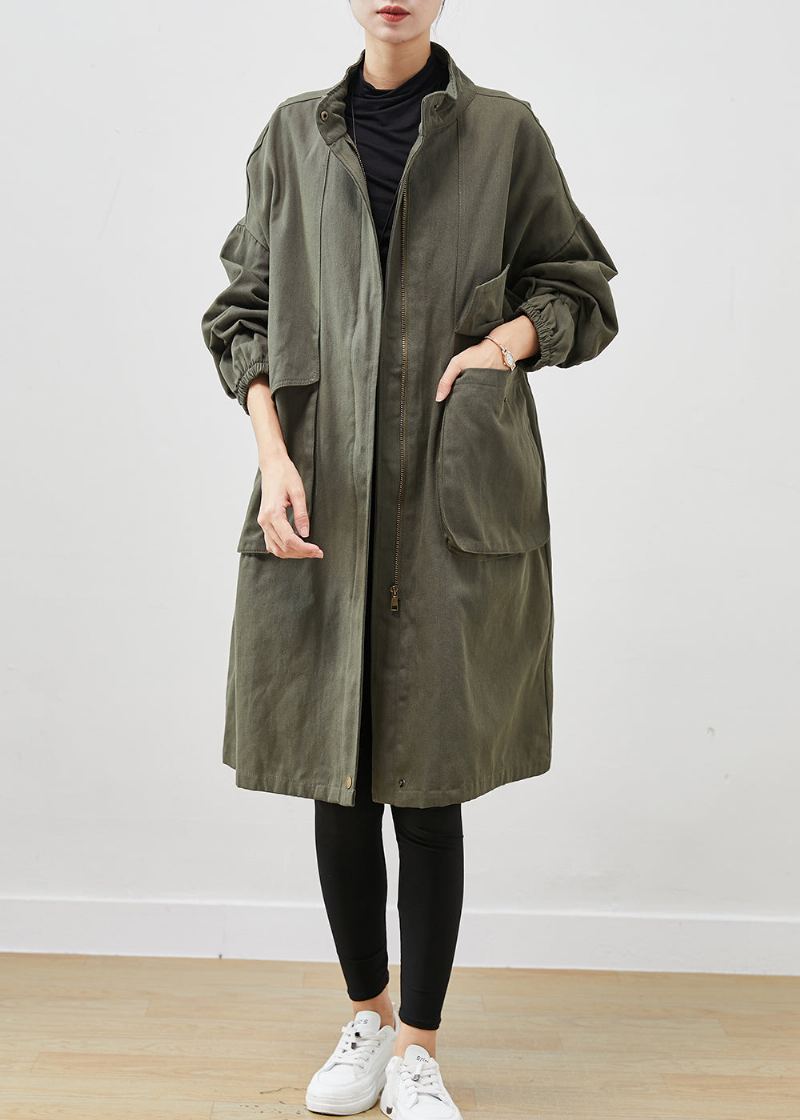 Manteau En Coton Avec Poches Surdimensionnées Vert Armée Chic Vêtements D'extérieur Printemps - Trenchs femmes