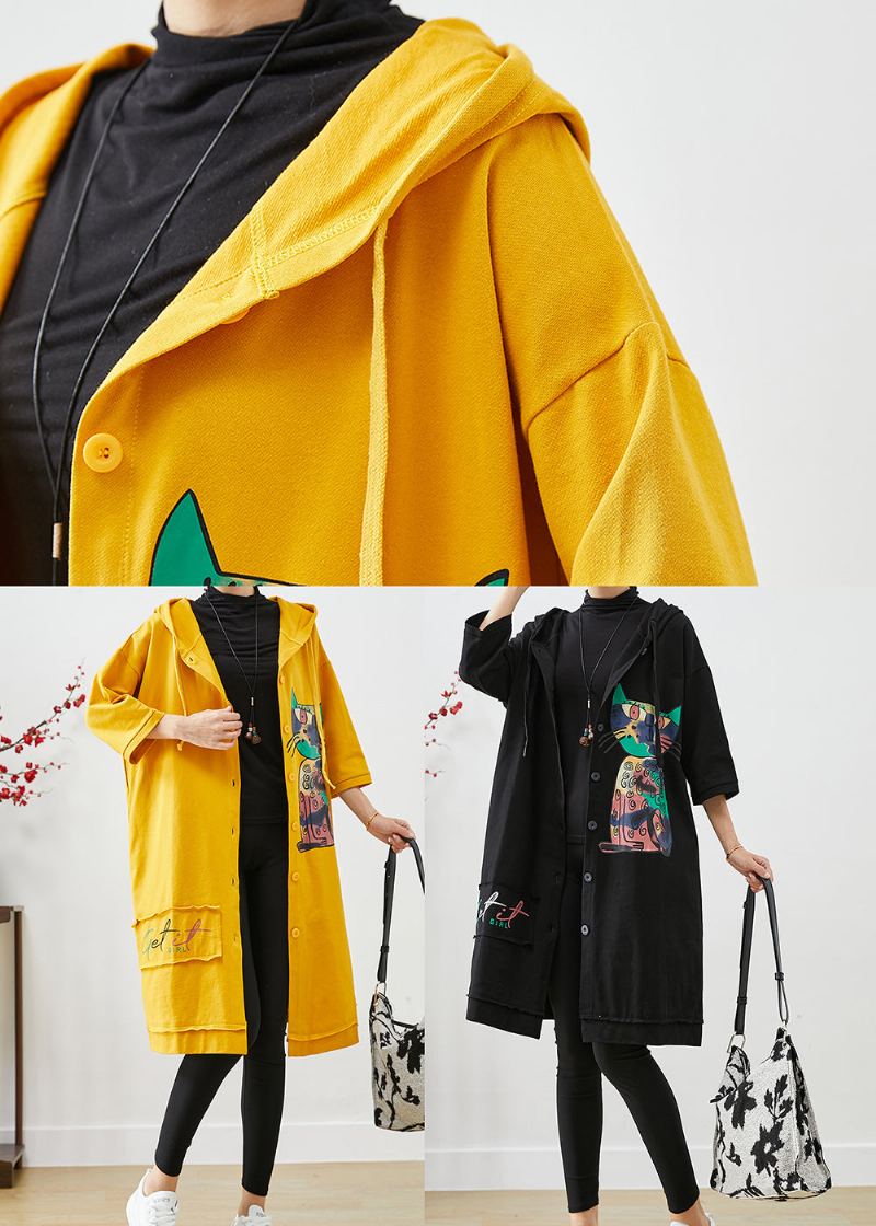 Manteau En Coton Imprimé Chat À Capuche Jaune Bohème Vêtement D'extérieur D'automne - Trenchs femmes