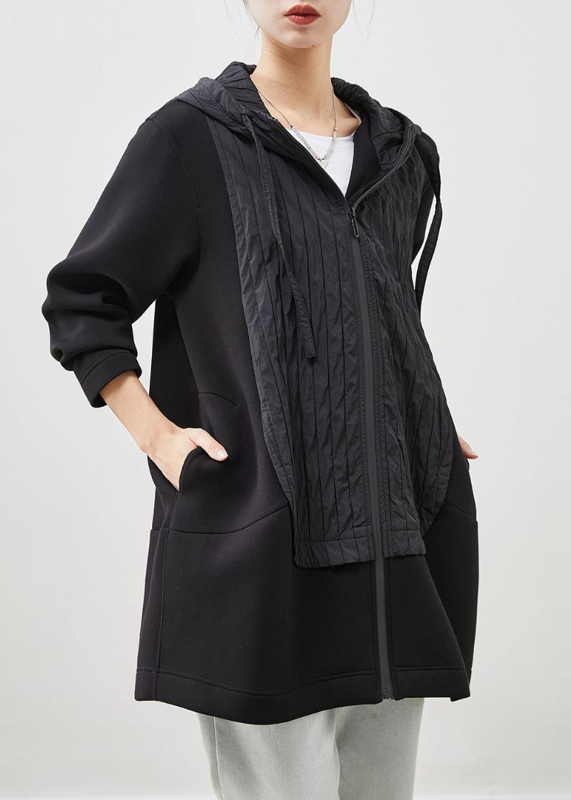 Manteau En Coton Patchwork À Capuche Noir Chic Vêtements D'extérieur Printemps - Trenchs femmes