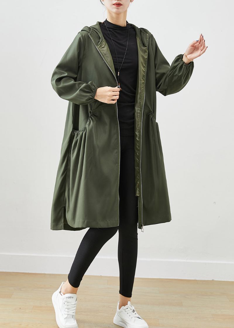 Manteau En Coton Vert Noirâtre Vêtements D'extérieur À Capuche Froissés Automne - Trenchs femmes