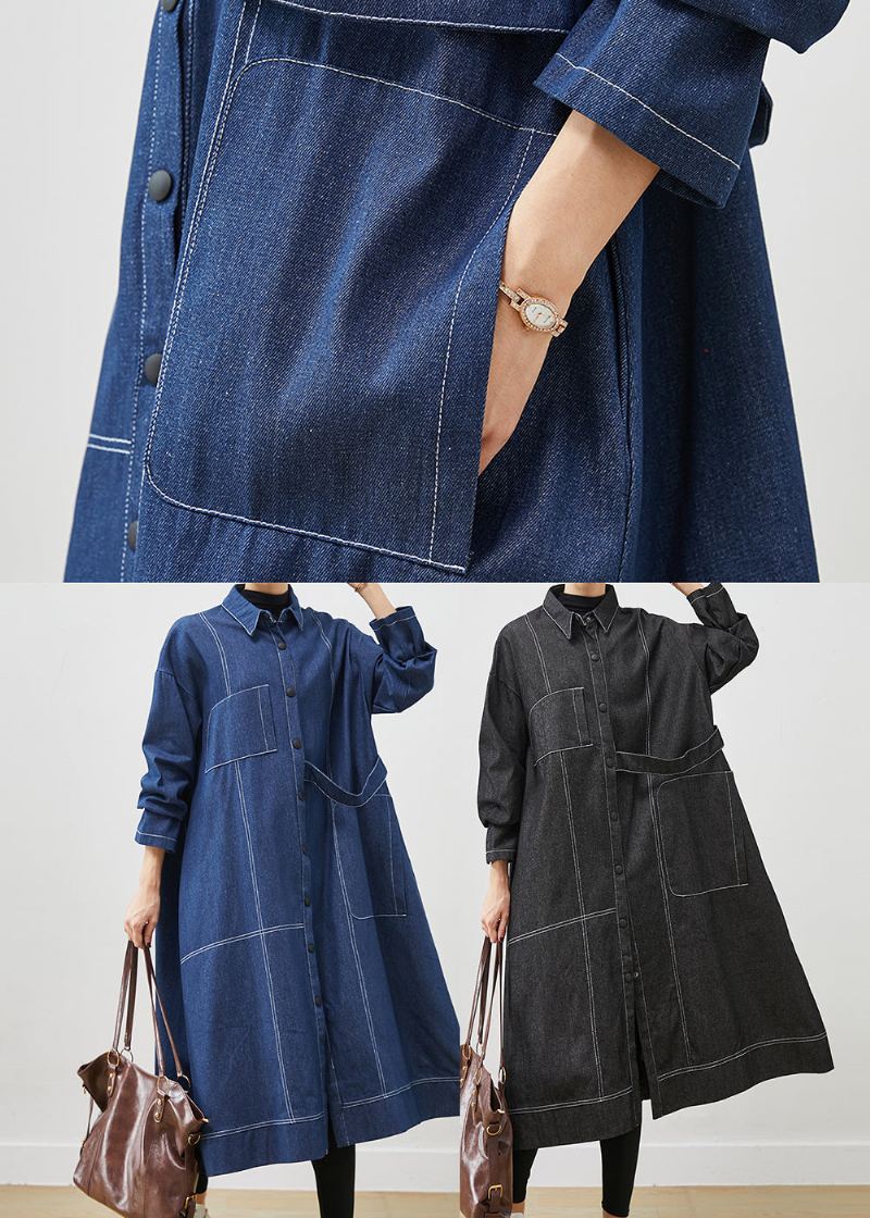 Manteau En Denim Avec Poches Surdimensionnées Bleu Marine Bohème Printemps - Trenchs femmes