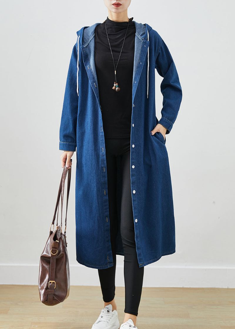 Manteau En Denim À Capuche Avec Cordon De Serrage Bleu Marine Chic Vêtements D'extérieur D'automne - Trenchs femmes