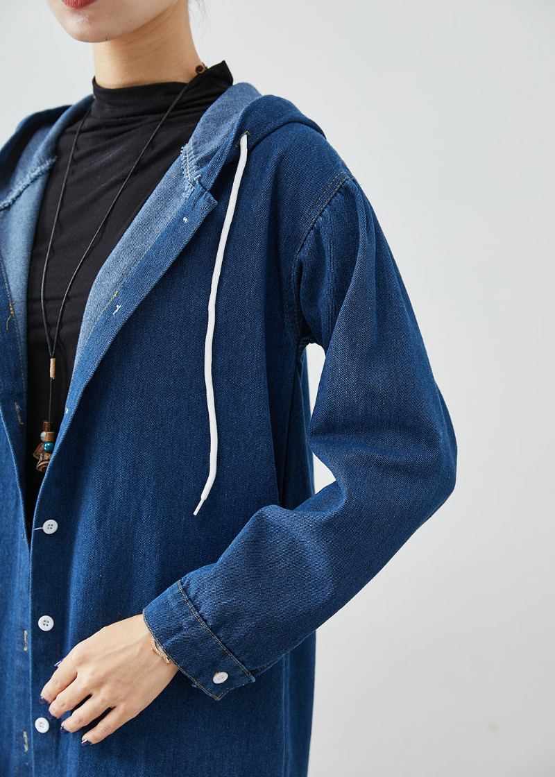 Manteau En Denim À Capuche Avec Cordon De Serrage Bleu Marine Chic Vêtements D'extérieur D'automne - Trenchs femmes