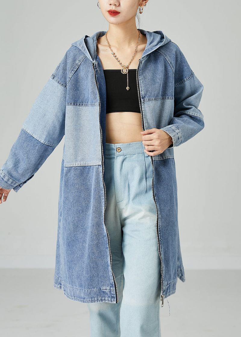 Manteau En Denim De Coton Surdimensionné Bleu Clair Bohème Patchwork Printemps