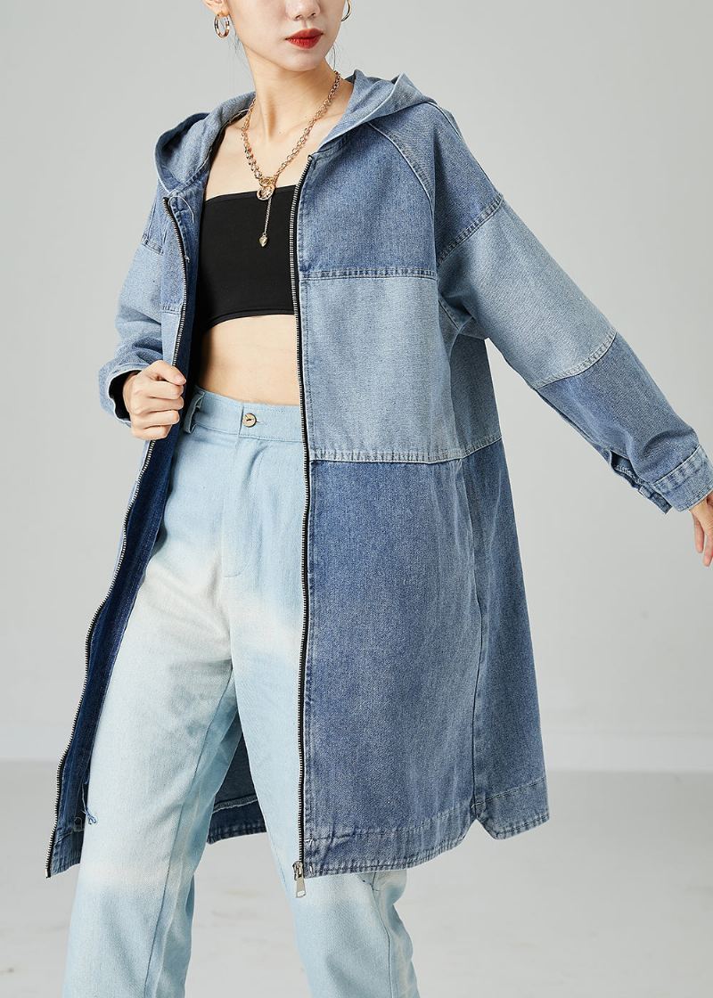 Manteau En Denim De Coton Surdimensionné Bleu Clair Bohème Patchwork Printemps - Trenchs femmes