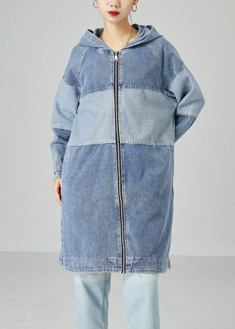 Manteau En Denim De Coton Surdimensionné Bleu Clair Bohème Patchwork Printemps - Trenchs femmes